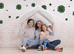 Happy Family Sitting Under Symbolic Roof While COVID-19 Pandemic, Collage