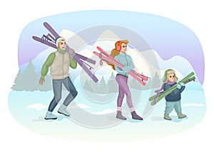 Happy family skiing. Winter sports. Vector illustration conept