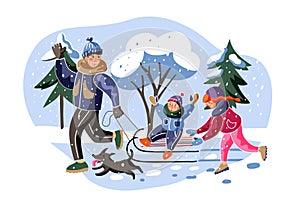 Happy family sledding flat vector illustration