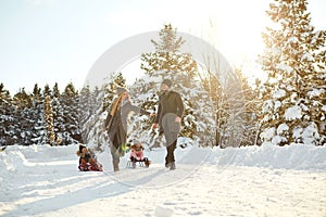 Happy family sledding in the park in winter. photo