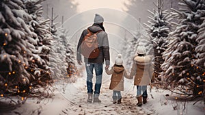 Happy family with small kid enjoying a hike in a forest on sunny winter day. Active family leisure with children. Hiking and
