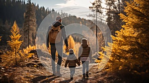 Happy family with small kids enjoying a hike in a forest on sunny autumn day. Active family leisure with children. Hiking and