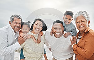 Happy family, smile portrait and beach with grandparents, parent love and kids together by sea. Outdoor, vacation and