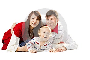 Happy family, smiling father mother and laughing baby