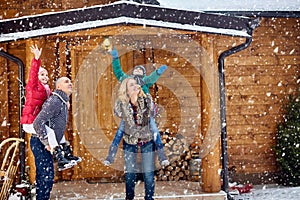 Happy family in snow days with children