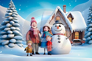 Happy family and snowman standing infront of a house, christmas background, generative AI