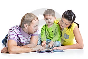 Happy family with son reading children book