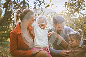 Happy family spending time together, Autumn season.