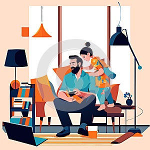 Happy family spending time together at home. Father, mother and daughter sitting on sofa and playing with toy. Flat vector illustr