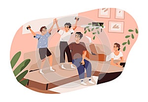 Happy family spending time together at home vector flat illustration. Parents and children playing video games together