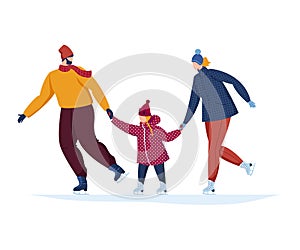 Happy family spending time together outdoor ice skating rink vector illustration isolated on white. Winter family time