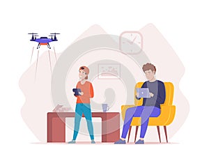 Happy family spending time together use tablet pc playing flying drone. Parent and kid