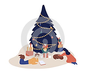Happy family spending time together at Xmas eve vector flat illustration. Mother, father, son and dog enjoying winter