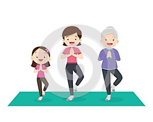 Happy Family Sport Activity. Mother, Father and Kid Doing Morning Exercising at Home