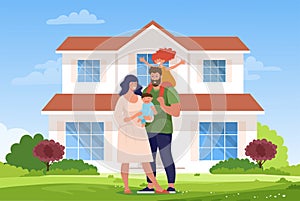 A happy family is standing at the new house. Concept illustration, buying a house, mortgage, home rental, realtor services.