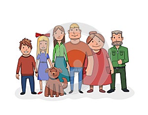 Happy family standing together, front view. Grandfather, grandmother, father, mother, kids and dog. Flat vector