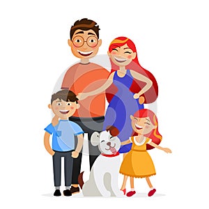 Happy family are standing together in hug. Father, mother, son, daughter and dog. Family flat vector illustration