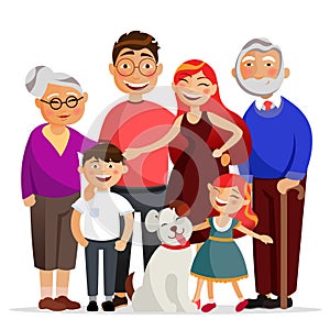 Happy family standing together hugging, smiling. Mother, father, daughter and son and granny and grandfather. Family