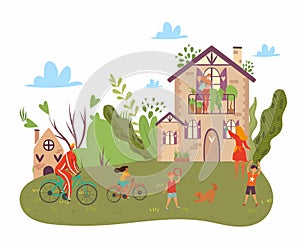 Happy family summer day, father on bicycle, mother and kids play with dog in nature, countryside cartoon vector