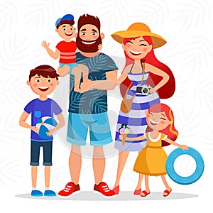 Happy family on summer vacation going to the beach and having rest close to the sea. Parents and children cartoon