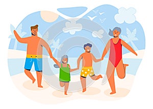 Happy family on summer vacation going to the beach on a sandy shore. Parents and children characters