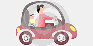 Happy Family Summer Vacation Illustration with Car. Father and children. Dad and son or daughter