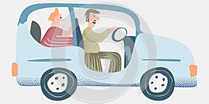 Happy Family Summer Vacation Illustration with Car. Father and children. Dad and son or daughter