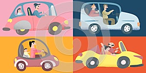 Happy Family Summer Vacation Illustration with Car. Father and children. Dad and son or daughter