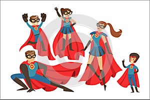 Happy family of superheroes set. Smiling parents and their children dressed as superheroes colorful vector illustrations