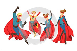 Happy family of superheroes set. Smiling parents and their children dressed as superheroes colorful vector illustrations