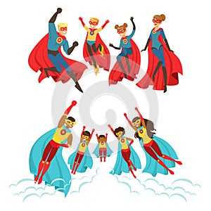 Happy family of superheroes set. Smiling parents and their children dressed as superheroes colorful vector illustrations