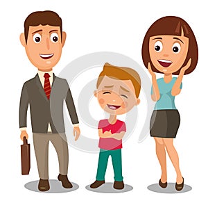 Happy family. Surprised woman face and businessman holding a briefcase