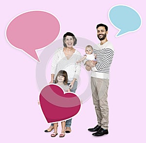 Happy family surrounded by speech bubbles