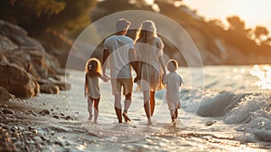 Happy family in swimwear having fun on the beach at sunset