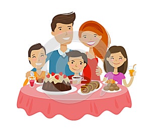 Happy family at table. Celebration, tableful concept. Cartoon vector illustration