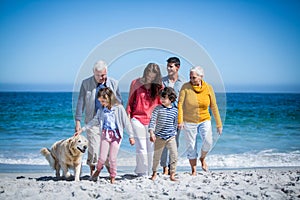 Happy family with their dog at the beach