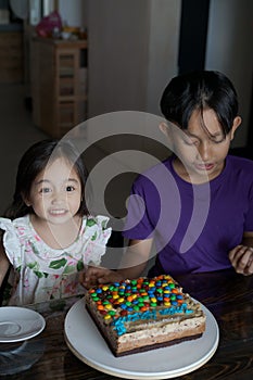 Happy family with two sibling decorating birthday cake at home.