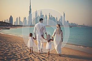 Happy family of three walking on the beach with Dubai city skyline in the background, a family parents with their children walking