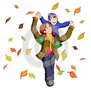 Happy family together on autumn playing with leaves