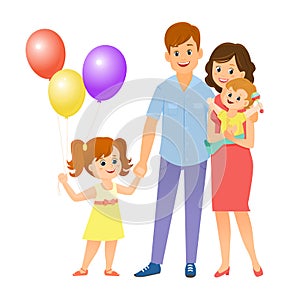 Happy family together. Girl with baloons