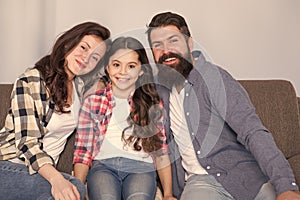 Happy family together. little girl child with parents. trust and relative bonds. bearded man and woman with child. happy