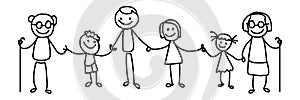 Happy family together stick-figure black handrawn illustration