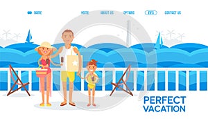 Happy family together on summer vacation cruise trip, people cartoon characters on ship deck, vector illustration