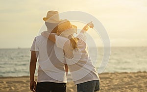 Happy family travel on beach, Family with beach travel on summer vacation