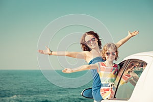 Happy family travel by car