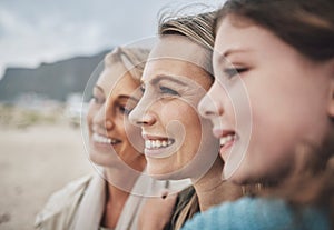 Happy family, travel and girl, mother and grandma bonding on a beach in mexico, happy and relax while smiling on