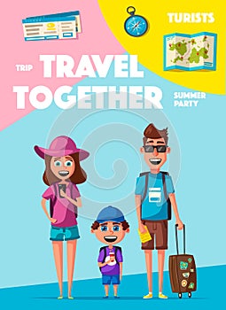 Happy family in travel. Journey of parents and child. Cartoon vector illustration