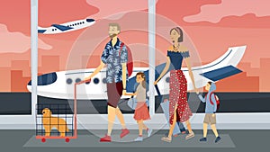 Happy Family travel together. Parents with children at the airport ready for vacation. Flat style. Vector illustration