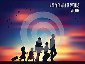 Happy family travelers and landscape.