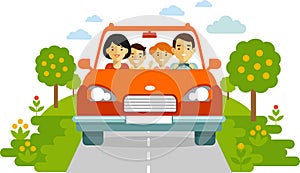 Happy family traveling by car on nature background